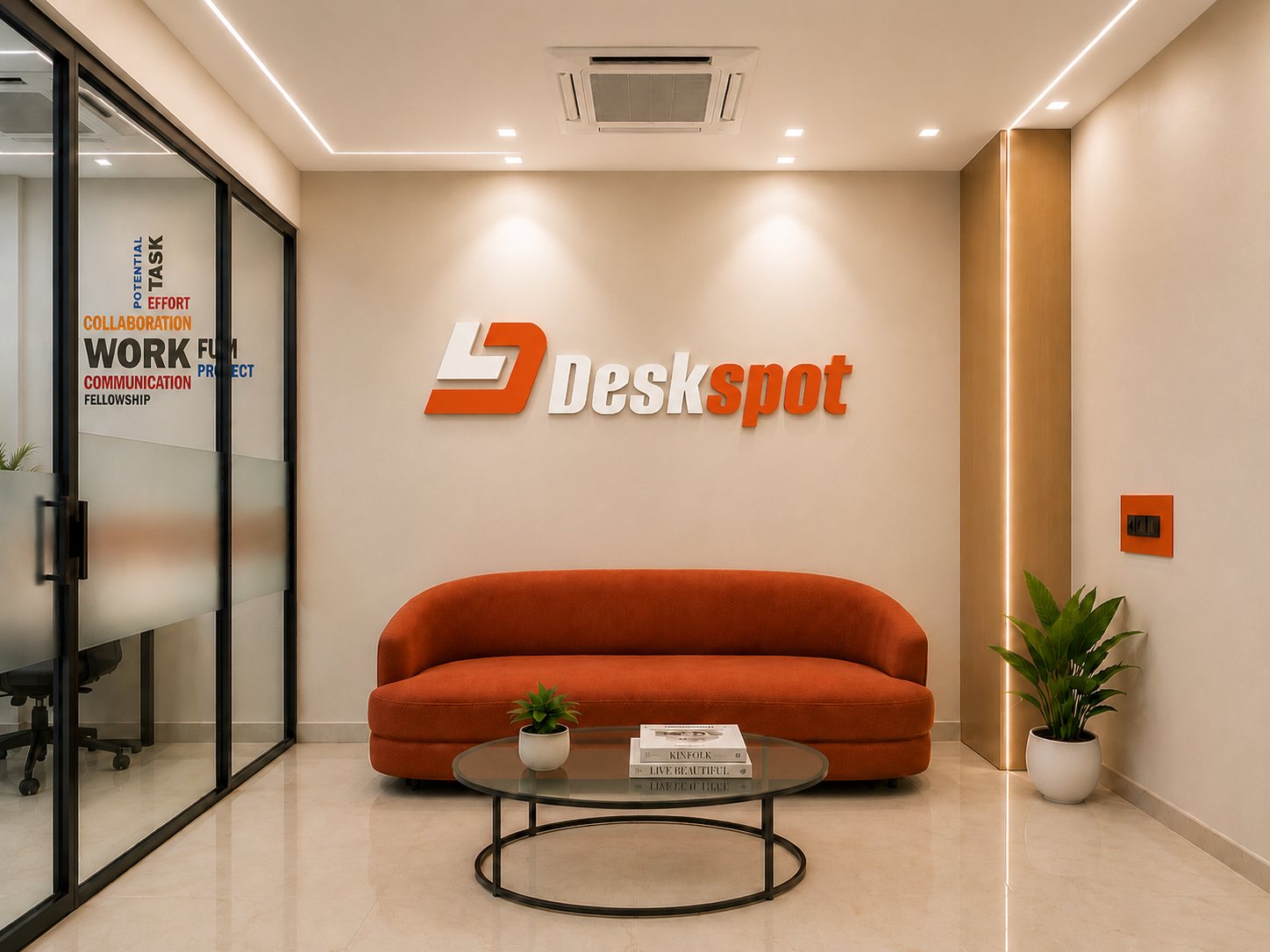 Deskspot lounge with the illuminated 3D logo and an orange sofa
