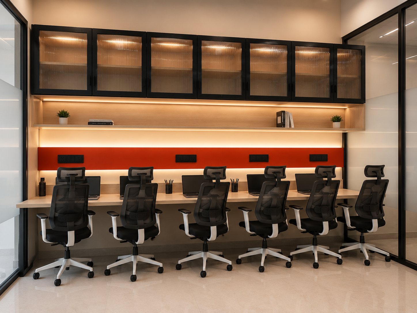 Row of open desks with ergonomic chairs and an orange accent band